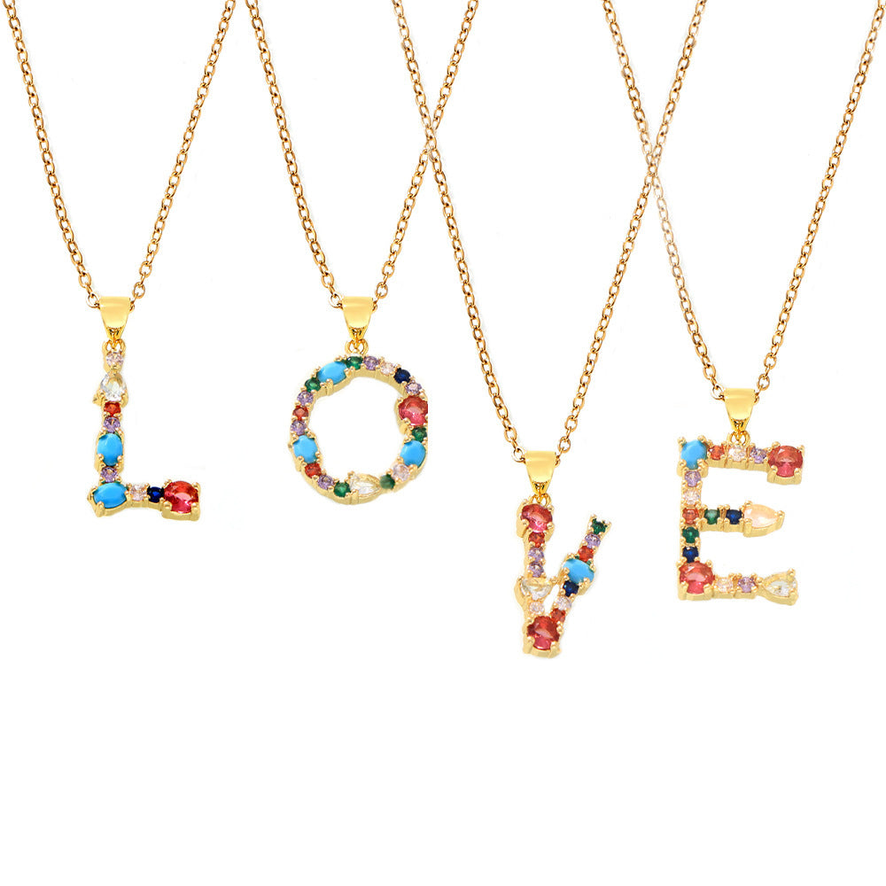 Wholesale Copper micro-inlaid colored zircon 26 English letters individual pendant niche hip-hop clavicle chain